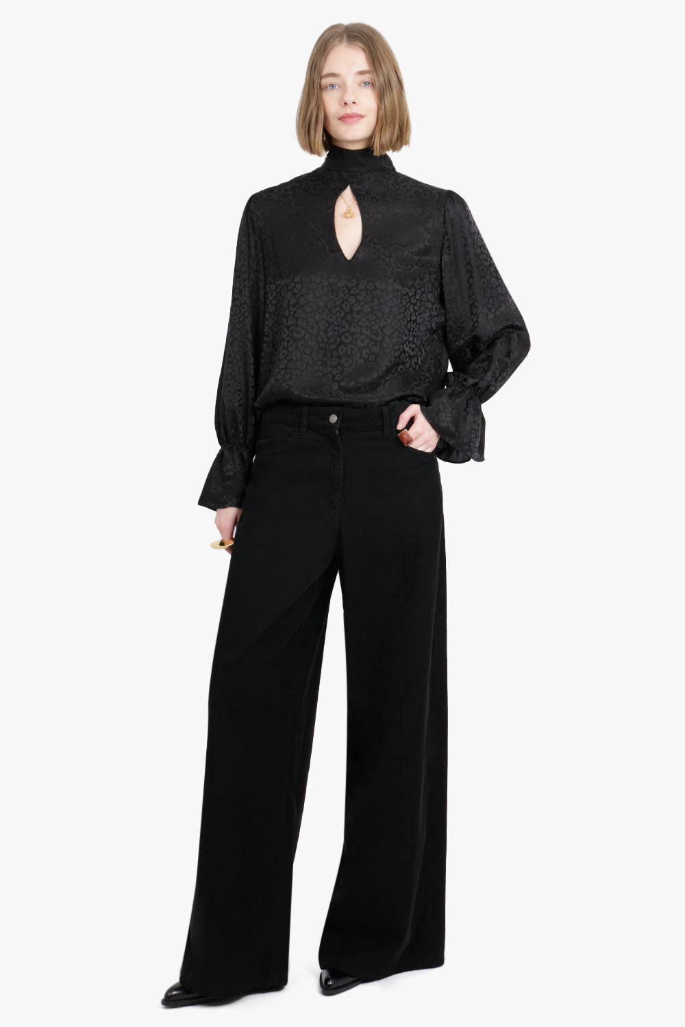 NINA RICCI RTW Leopard-Jacquard Cut-Out Blouse With Back Ties | Black