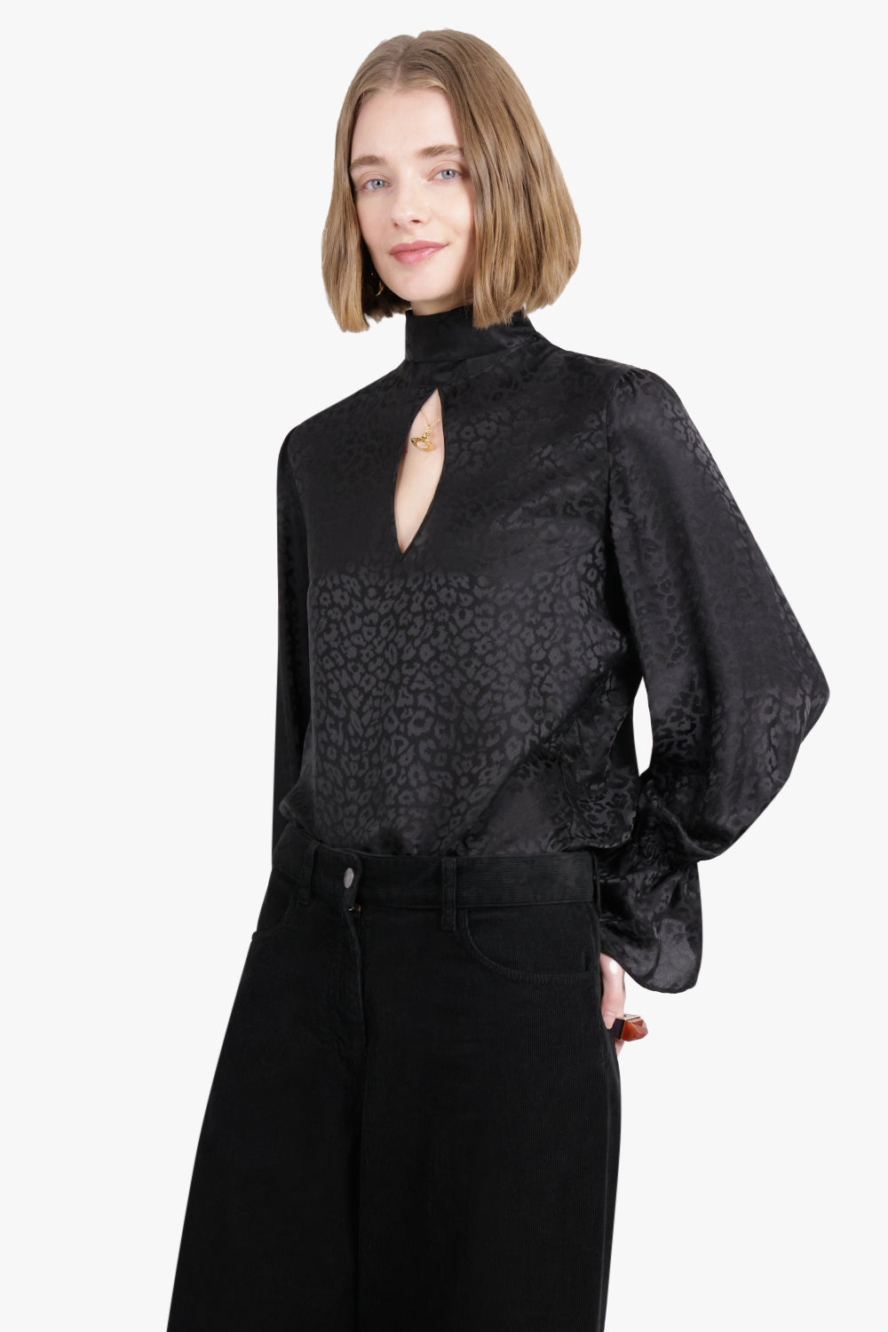NINA RICCI RTW Leopard-Jacquard Cut-Out Blouse With Back Ties | Black