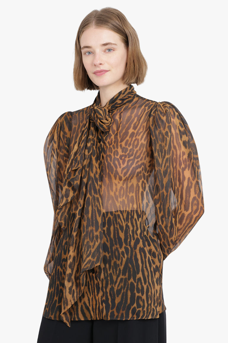 NINA RICCI RTW Leopard-Jacquard Cut-Out Blouse With Back Ties | Leopard