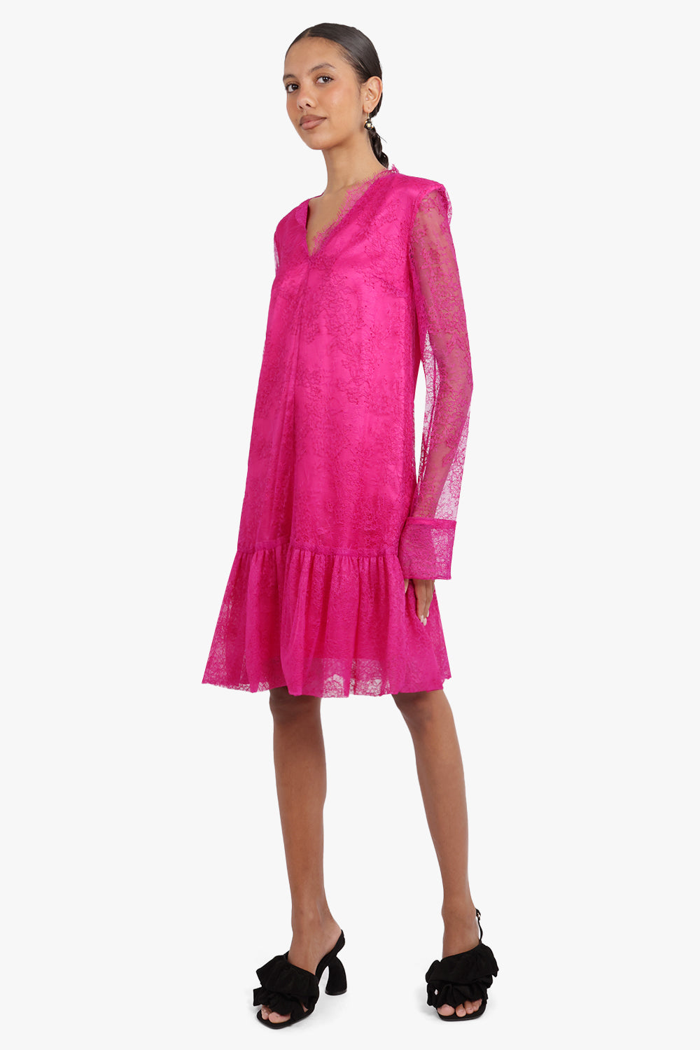 NINA RICCI RTW V-Neck Ruffle Lace Dress | Fuschia