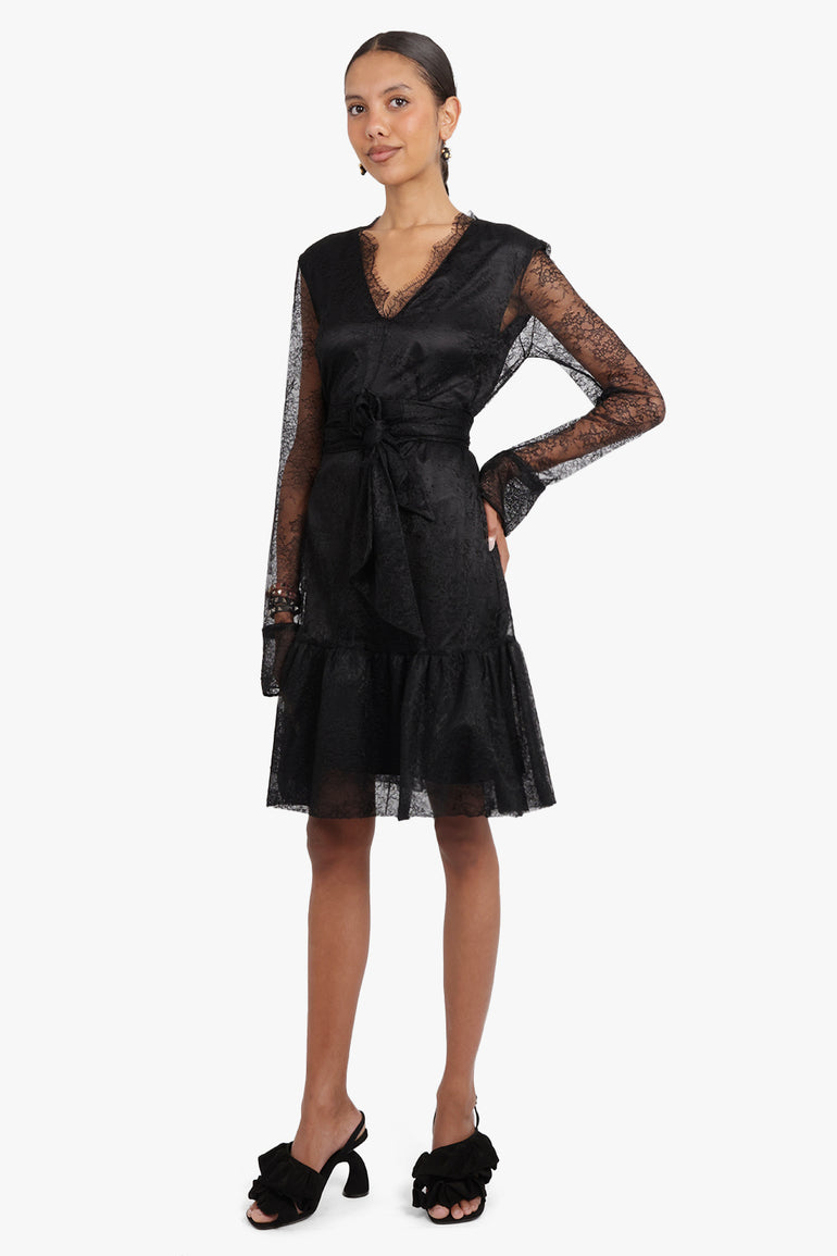 NINA RICCI RTW V-Neck Ruffle Lace Dress | Black