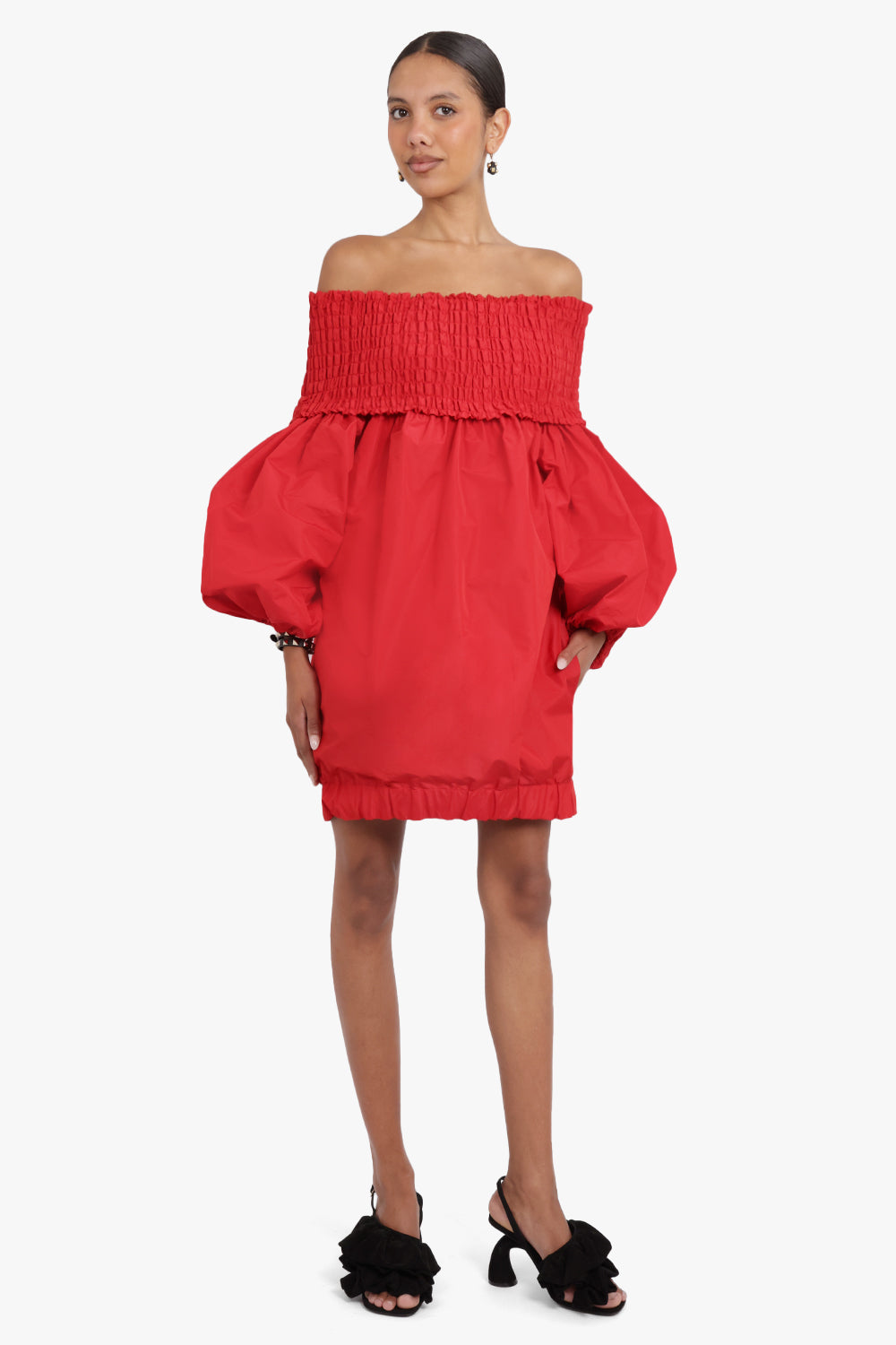 PATOU RTW Off-the-Shoulder Smock Mini Dress in Eco-friendly Faille | Lipstick Red