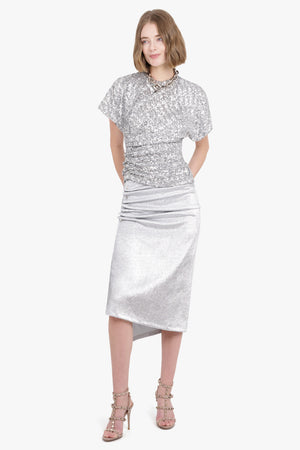RABANNE RTW ASYMMETRIC RUCHED DETAIL SEQUIN TOP | SILVER