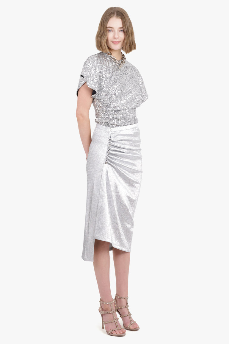 RABANNE RTW STRETCH LUREX JERSEY MIDI SKIRT | SILVER