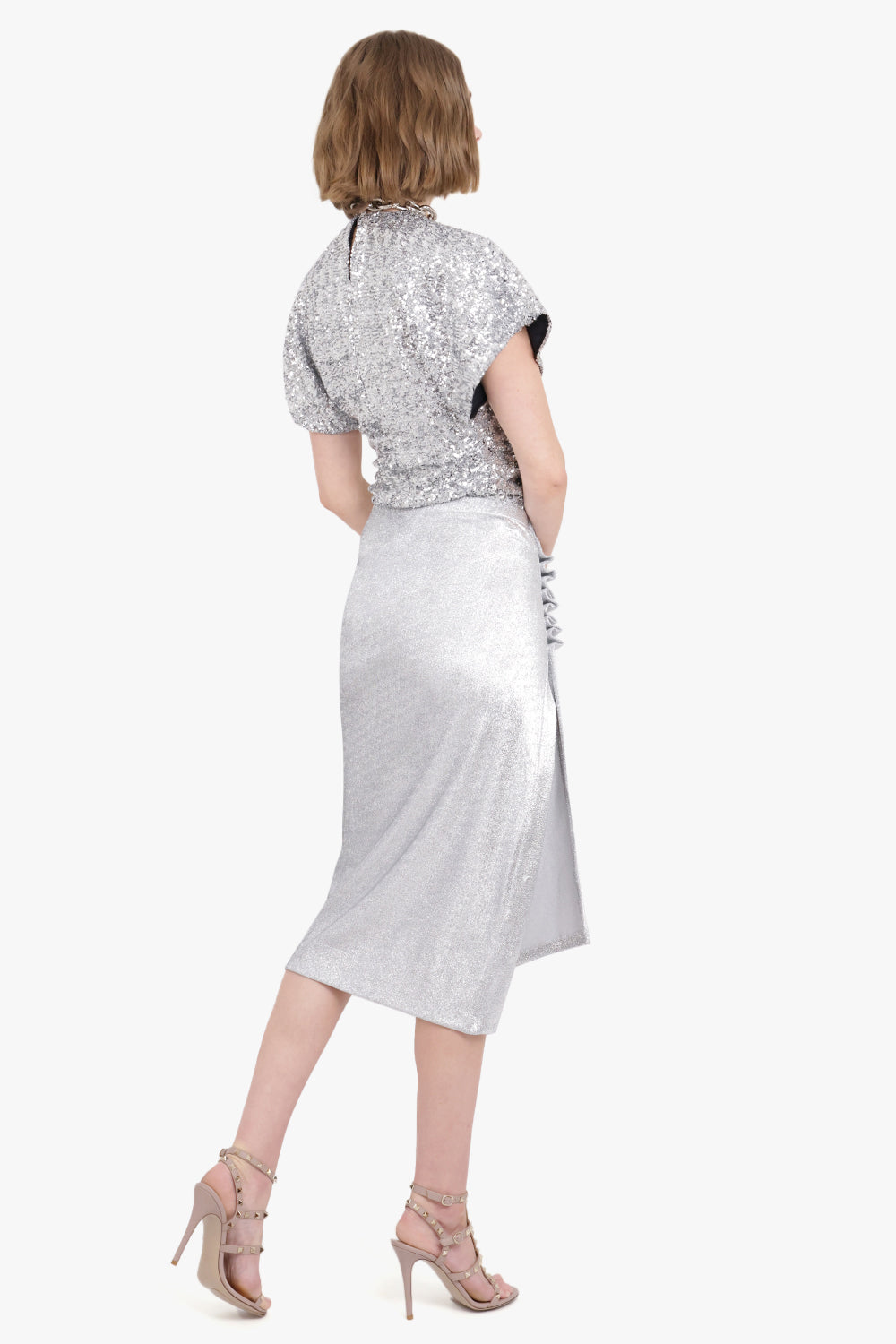 RABANNE RTW STRETCH LUREX JERSEY MIDI SKIRT | SILVER