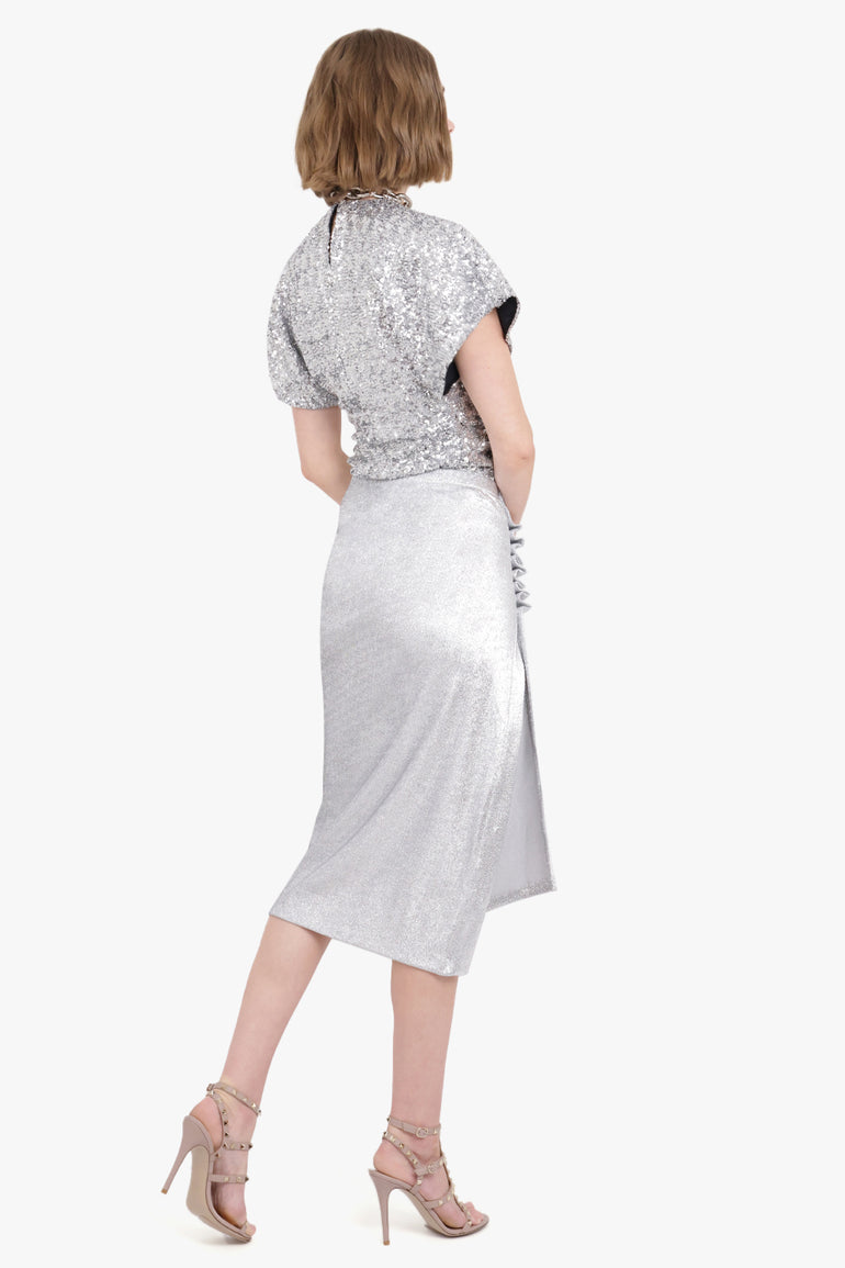 RABANNE RTW STRETCH LUREX JERSEY MIDI SKIRT | SILVER