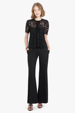 RABANNE RTW Front Pleated Short Sleeve Lace Top | Black