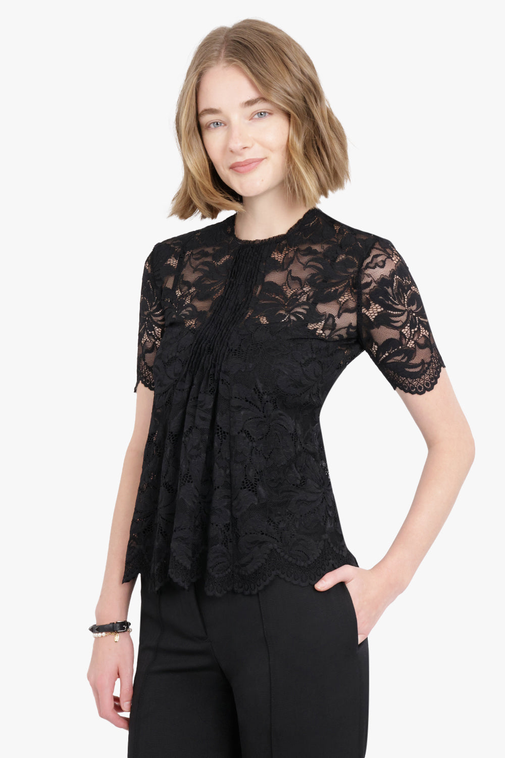 RABANNE RTW Front Pleated Short Sleeve Lace Top | Black