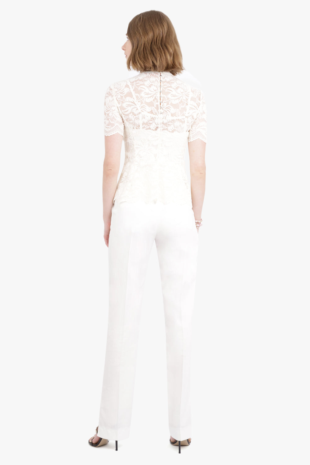 RABANNE RTW Front Pleated Short Sleeve Lace Top | Ivory