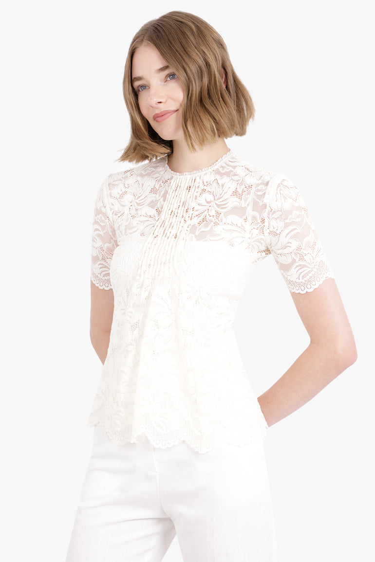 RABANNE RTW Front Pleated Short Sleeve Lace Top | Ivory