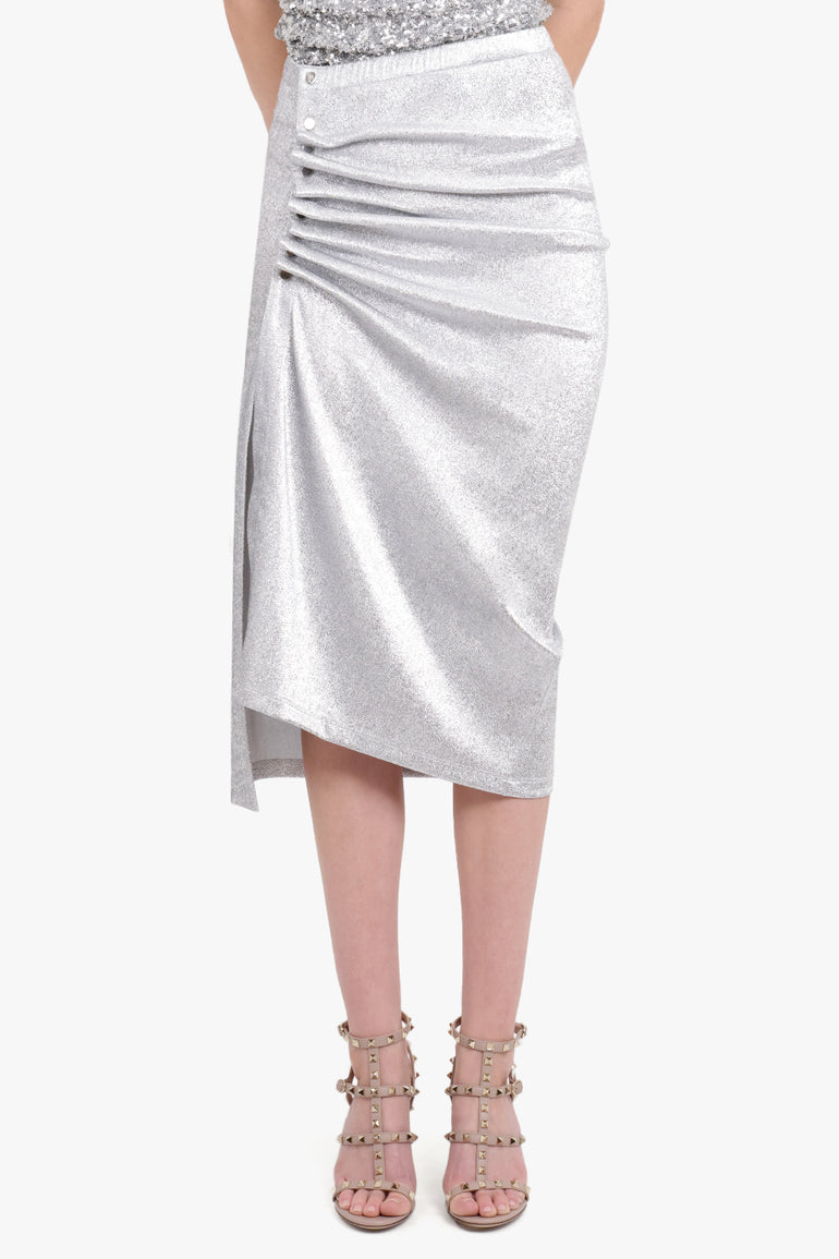 RABANNE RTW STRETCH LUREX JERSEY MIDI SKIRT | SILVER