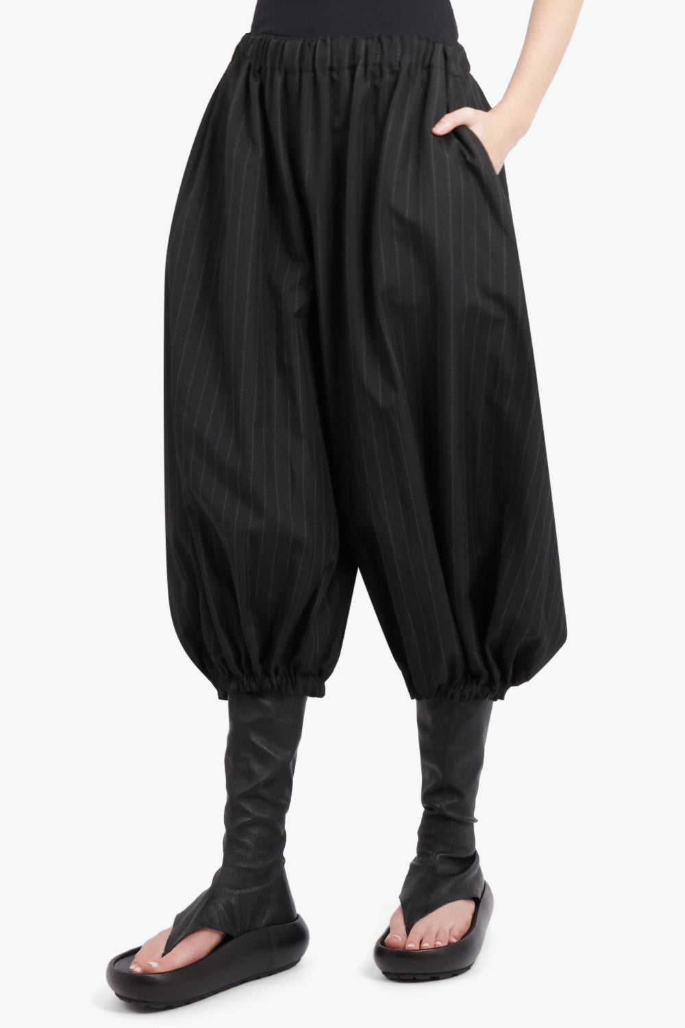 COMME DES GARCONS RTW OVERSIZED DRAWSTRING WAIST SERGE STRIPE PANTS | BLACK