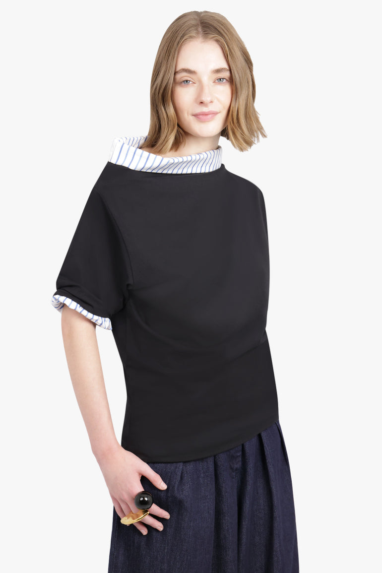 DRIES VAN NOTEN RTW Stripe Asymmetric Neck Shirt Detail Top | Black