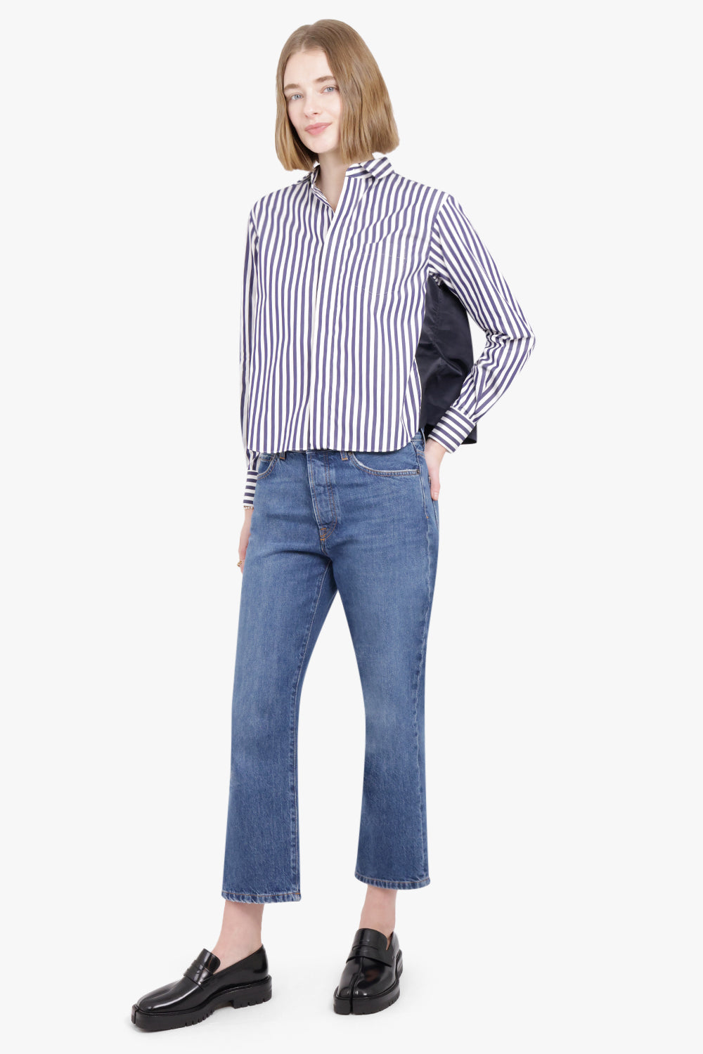 SACAI RTW Cotton Poplin X Nylon Twill Shirt | Navy Stripe
