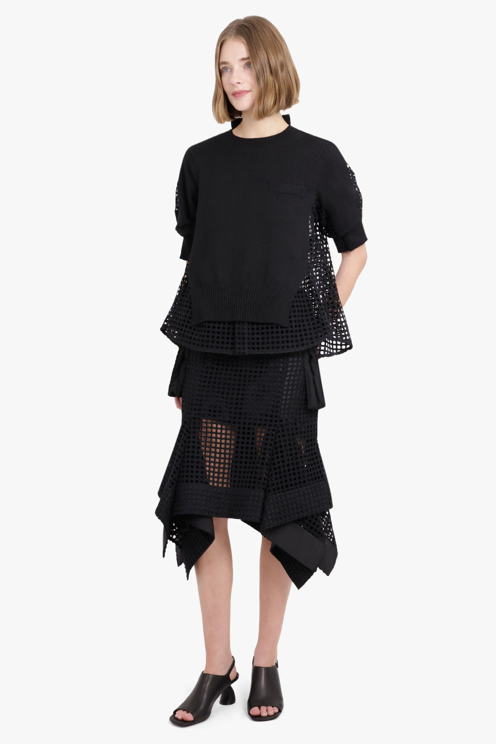 SACAI RTW Embroidery Lace X Knit Pullover | Black
