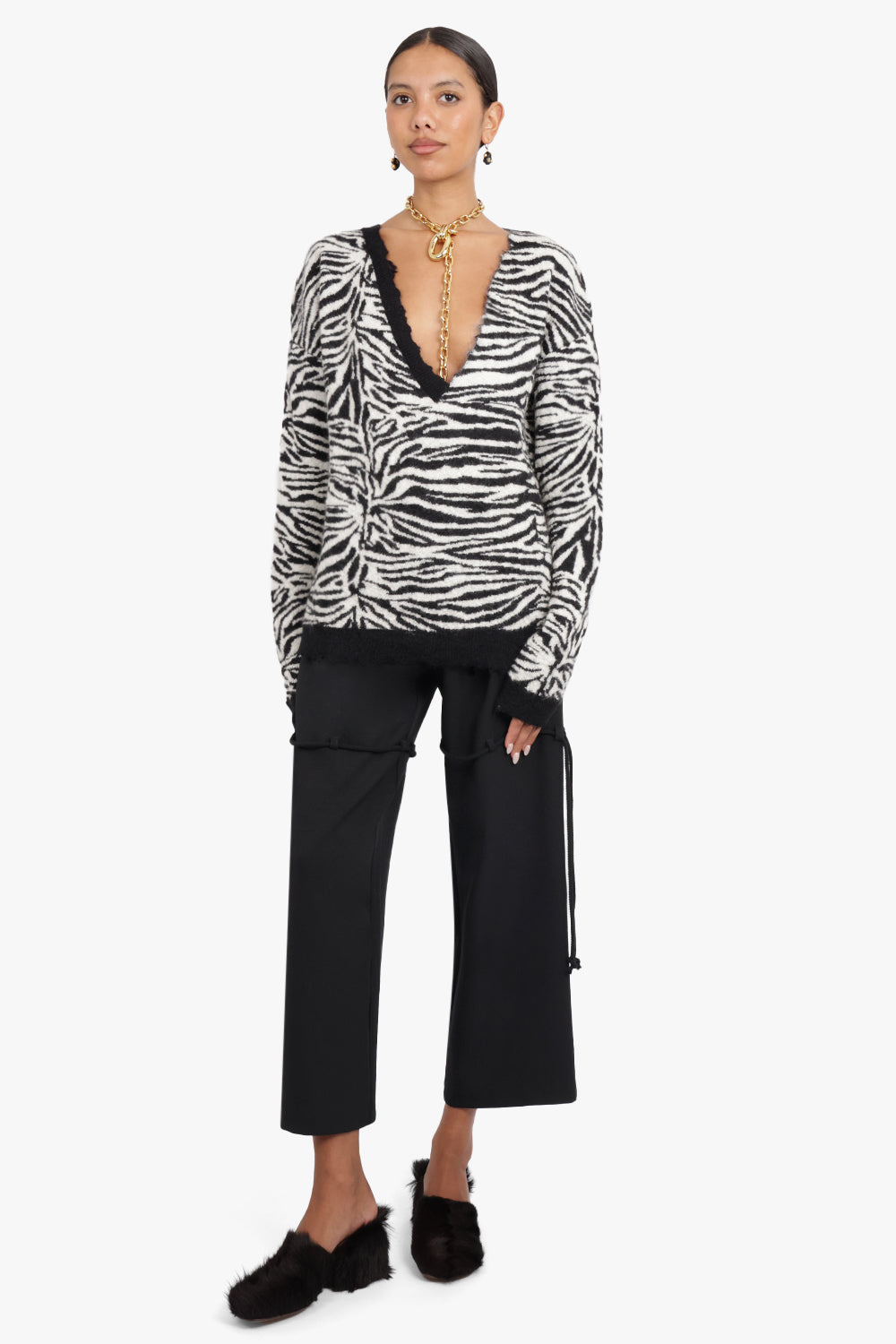 SAINT LAURENT RTW ZEBRA PRINT OVERSIZED KNIT L/S BLACK/WHITE