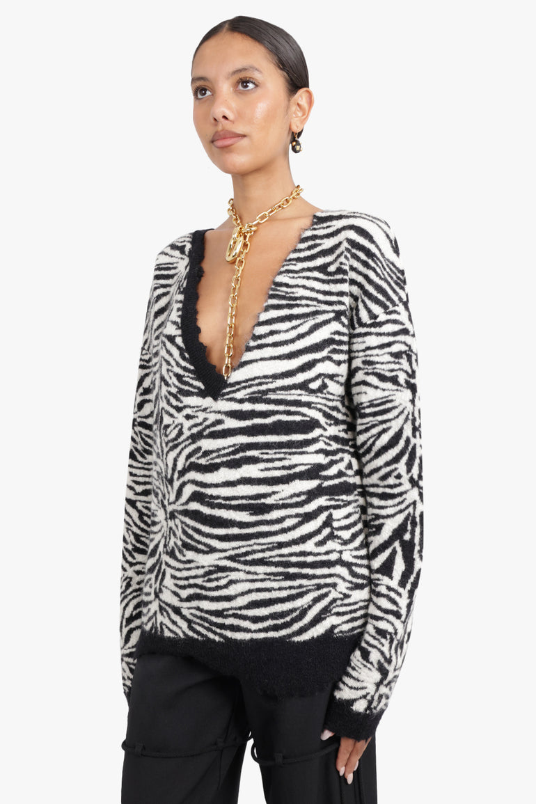 SAINT LAURENT RTW ZEBRA PRINT OVERSIZED KNIT L/S BLACK/WHITE