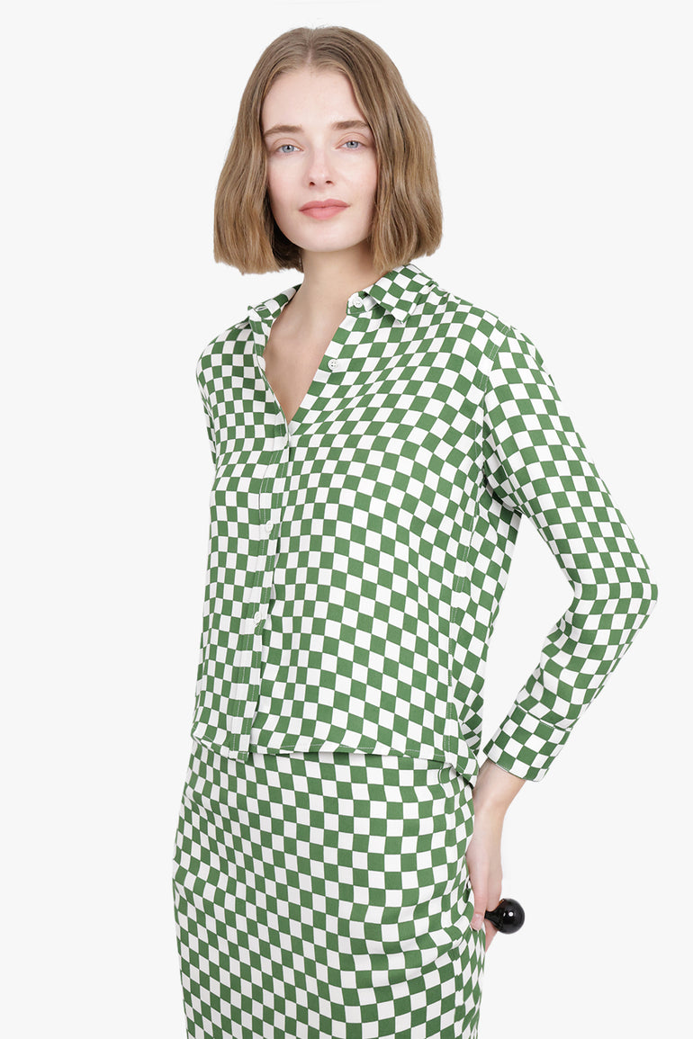 DRIES VAN NOTEN RTW Checkerboard Long Sleeve Shirt | Green