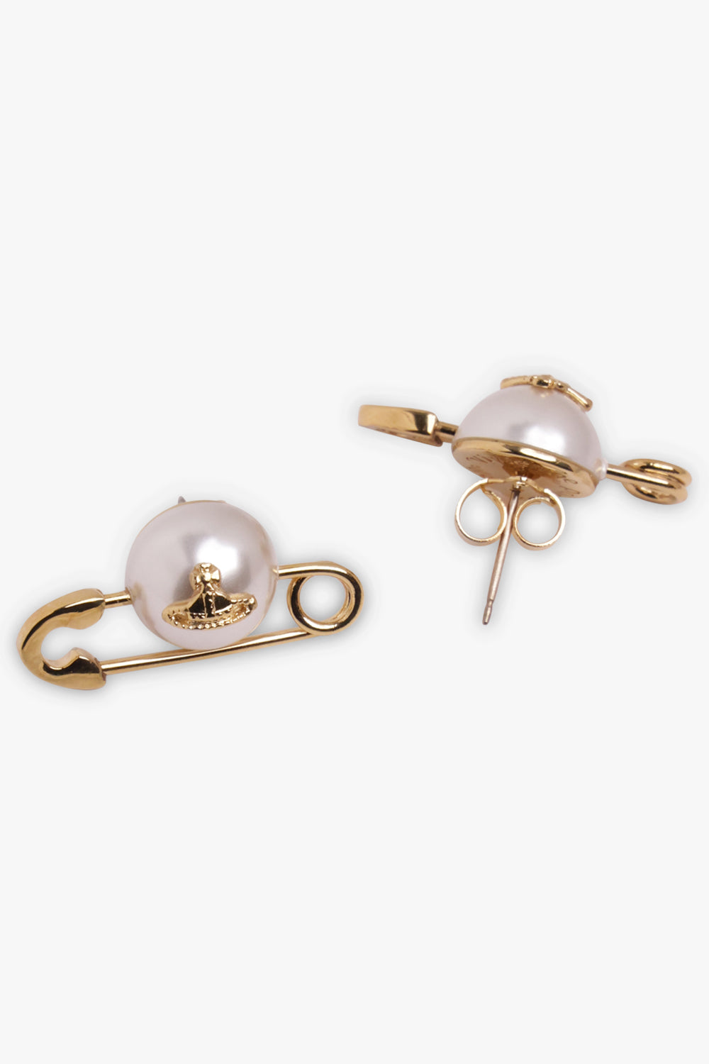 VIVIENNE WESTWOOD JEWELLERY GOLD JORDAN SAFETY PIN PEARL EARRINGS | GOLD