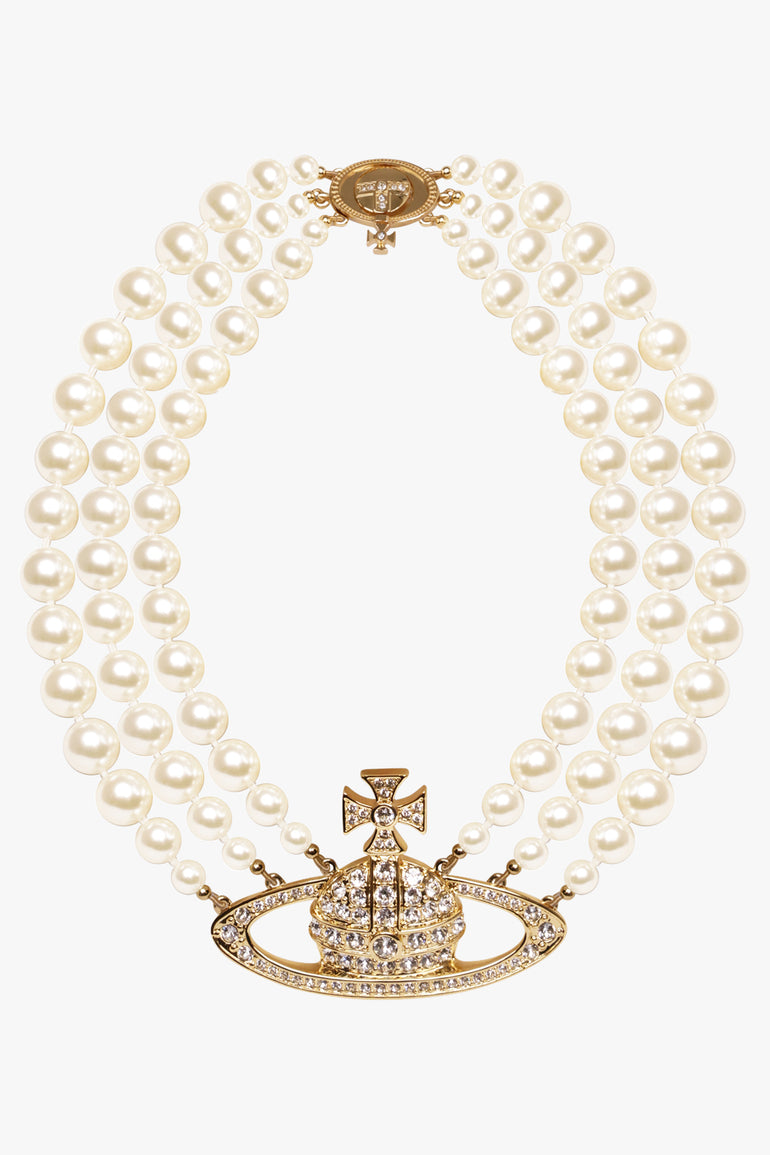 VIVIENNE WESTWOOD JEWELLERY GOLD / White/Gold Three Row Pearl Bas Relief Choker | White/Gold