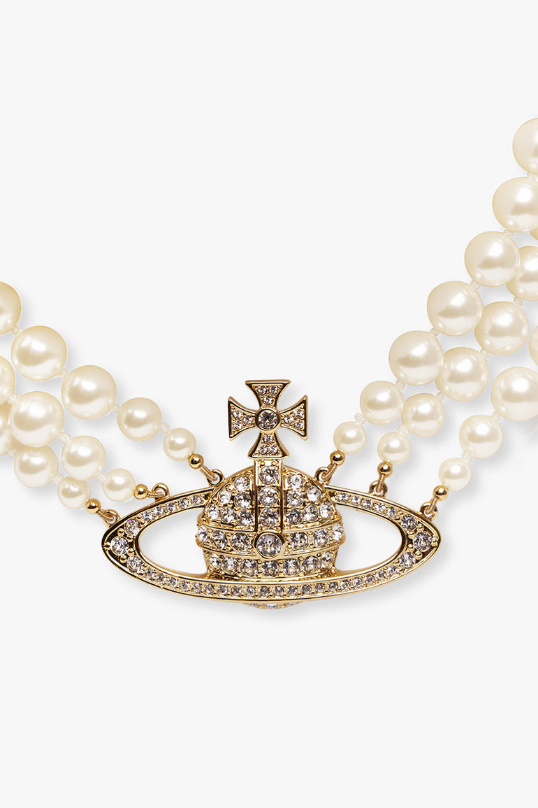 VIVIENNE WESTWOOD JEWELLERY GOLD / White/Gold Three Row Pearl Bas Relief Choker | White/Gold