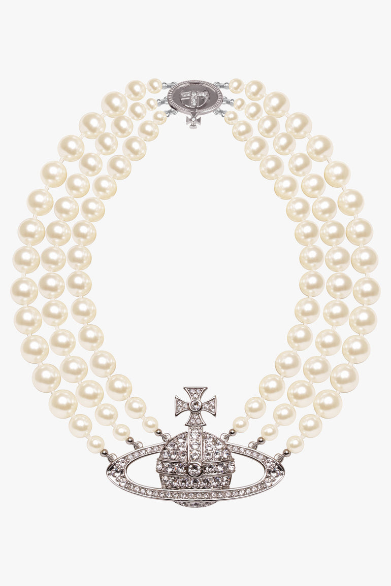 VIVIENNE WESTWOOD JEWELLERY SILVER / White/Silver Three Row Pearl Bas Relief Choker | White/Silver
