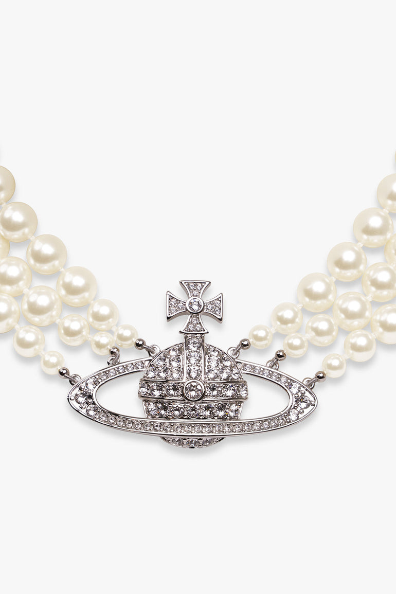VIVIENNE WESTWOOD JEWELLERY SILVER / White/Silver Three Row Pearl Bas Relief Choker | White/Silver