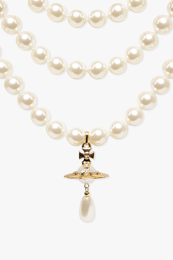 VIVIENNE WESTWOOD JEWELLRY GOLD / White/Gold Three Row Pearl Drop Choker | White/Gold