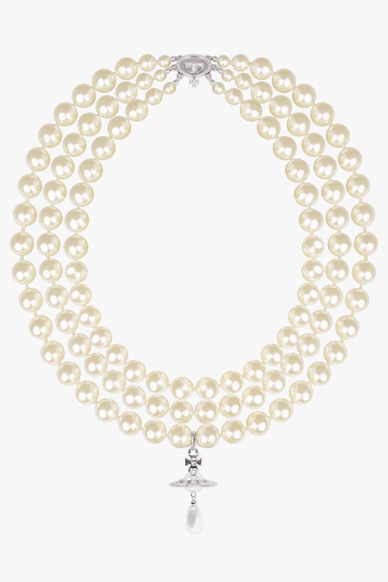 VIVIENNE WESTWOOD JEWELLERY SILVER / White/Silver Three Row Pearl Drop Choker | White/Silver