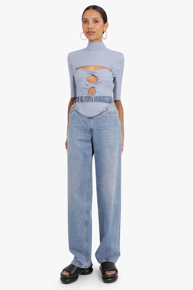 Y PROJECT Y BELT ARC DENIM JEANS FADED BLUE NEW SEASON PARLOUR X  