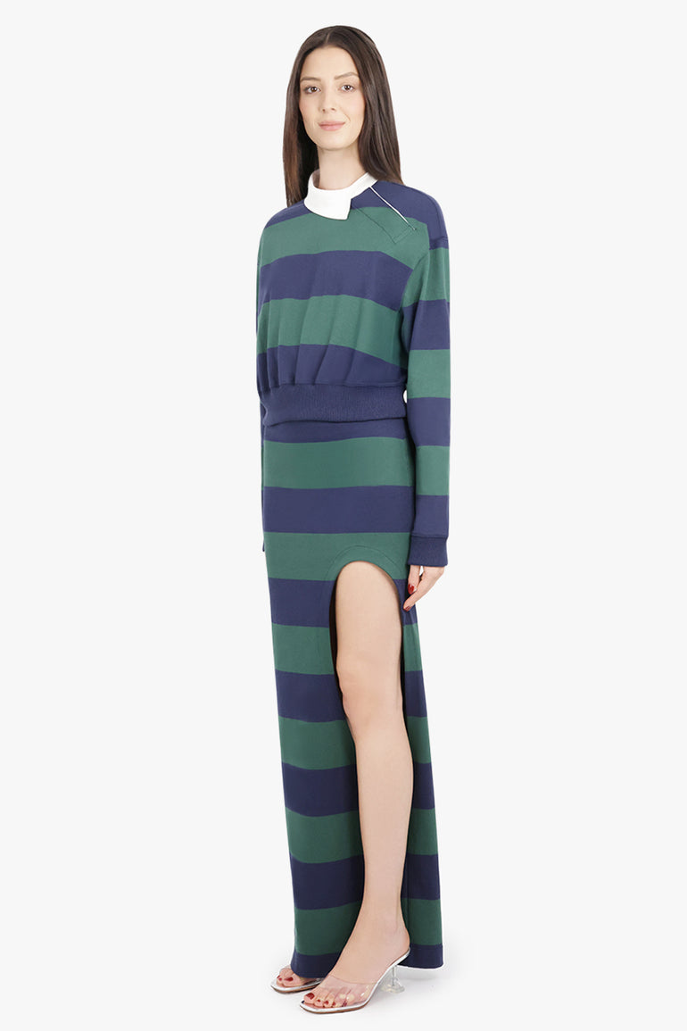 AWAKE MODE RTW Cut Out Stripe Pencil Maxi Skirt | Green/Navy