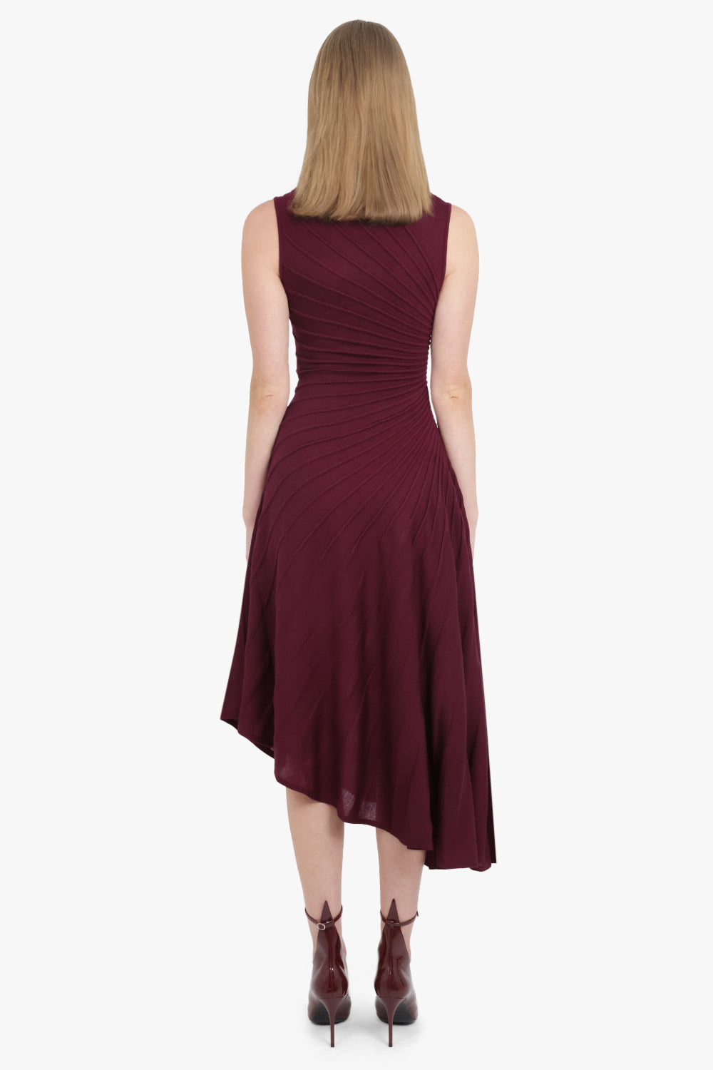 ALAIA RTW High Neck S/Less Asymmetric Midi Ray Dress | Bordeaux
