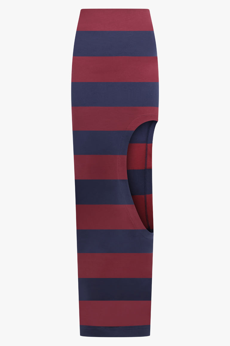 AWAKE MODE RTW Cut Out Stripe Pencil Maxi Skirt | Burgundy/Navy