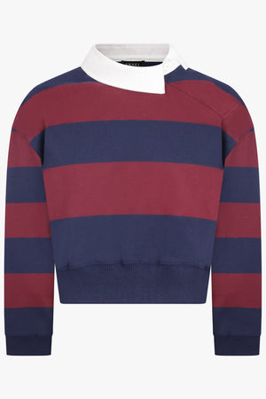 AWAKE MODE RTW Twisted Collar Stripe Rugby Style Sweatshirt Top | Burgundy/Navy