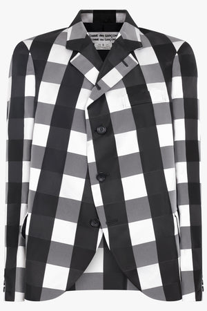 COMME DES GARCONS RTW Big Check Print Tailored Jacket With Curved Front | Black/White