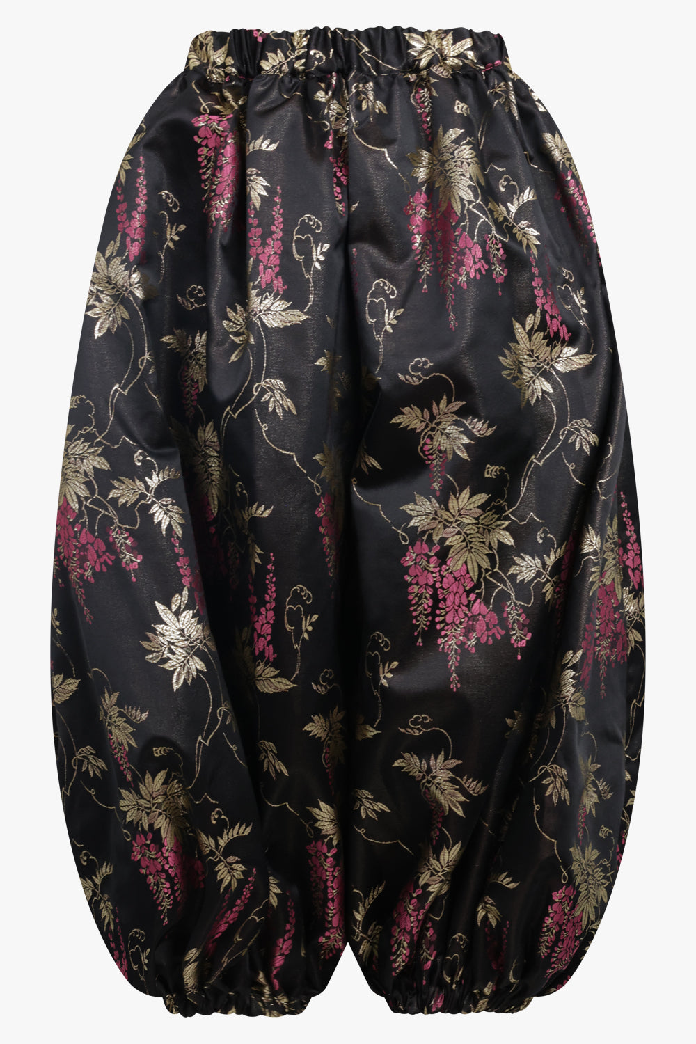 COMME DES GARCONS RTW Gathered Floral Print Balloon Pant With Cuff | Black/Pink/Gold