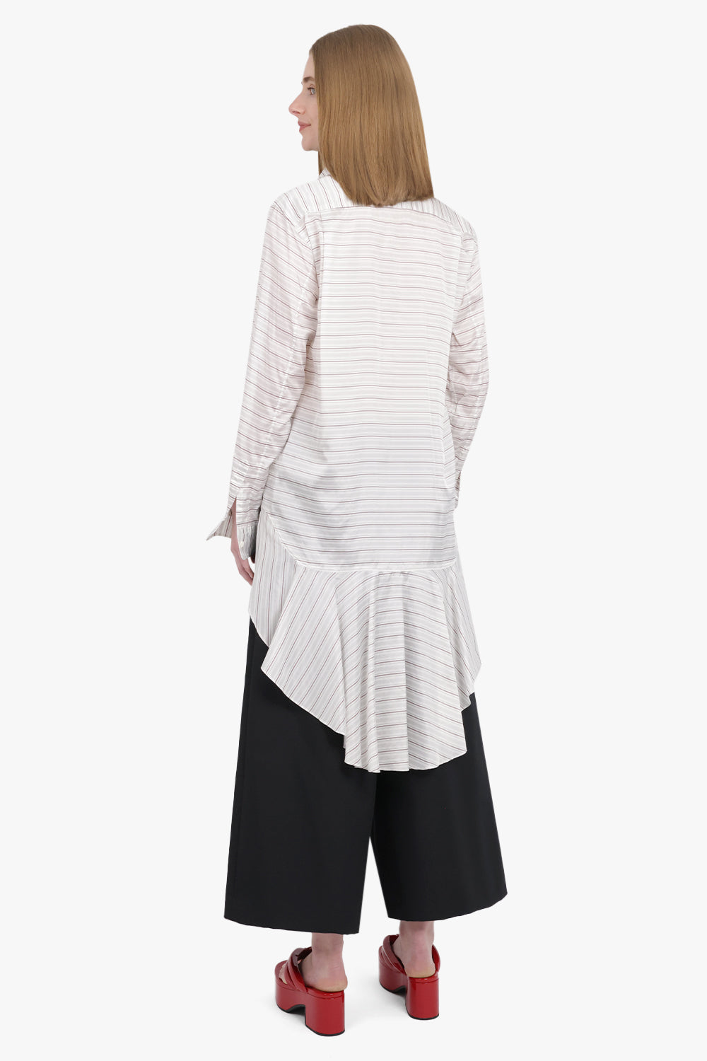 COMME DES GARCONS HOMME PLUS RTW Stripe Longline Hi-Lo L/S Ruffle Back  Shirt | White/Black
