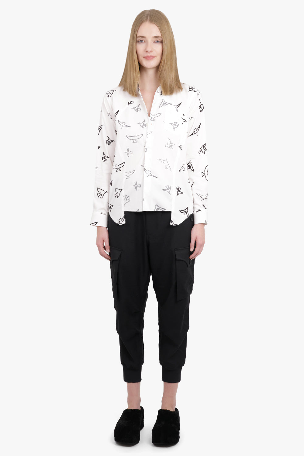 COMME DES GARCONS BLACK RTW X Filip Pagowski Panel L/S Bird Print Shirt | White/Black