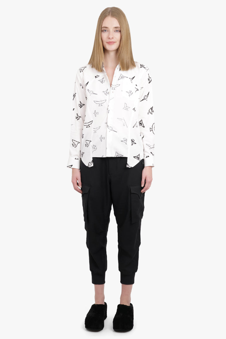 COMME DES GARCONS BLACK RTW X Filip Pagowski Panel L/S Bird Print Shirt | White/Black