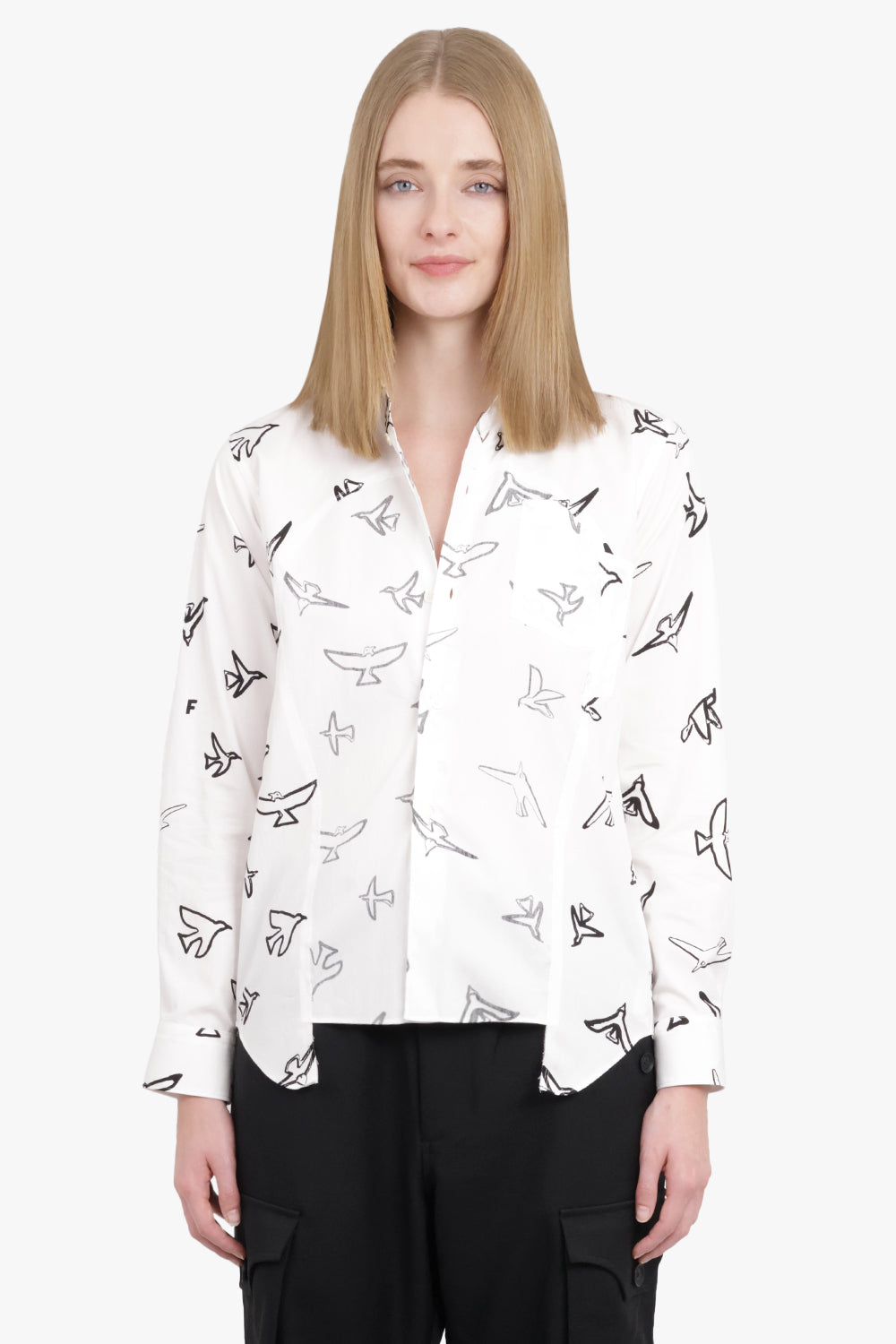COMME DES GARCONS BLACK RTW X Filip Pagowski Panel L/S Bird Print Shirt | White/Black