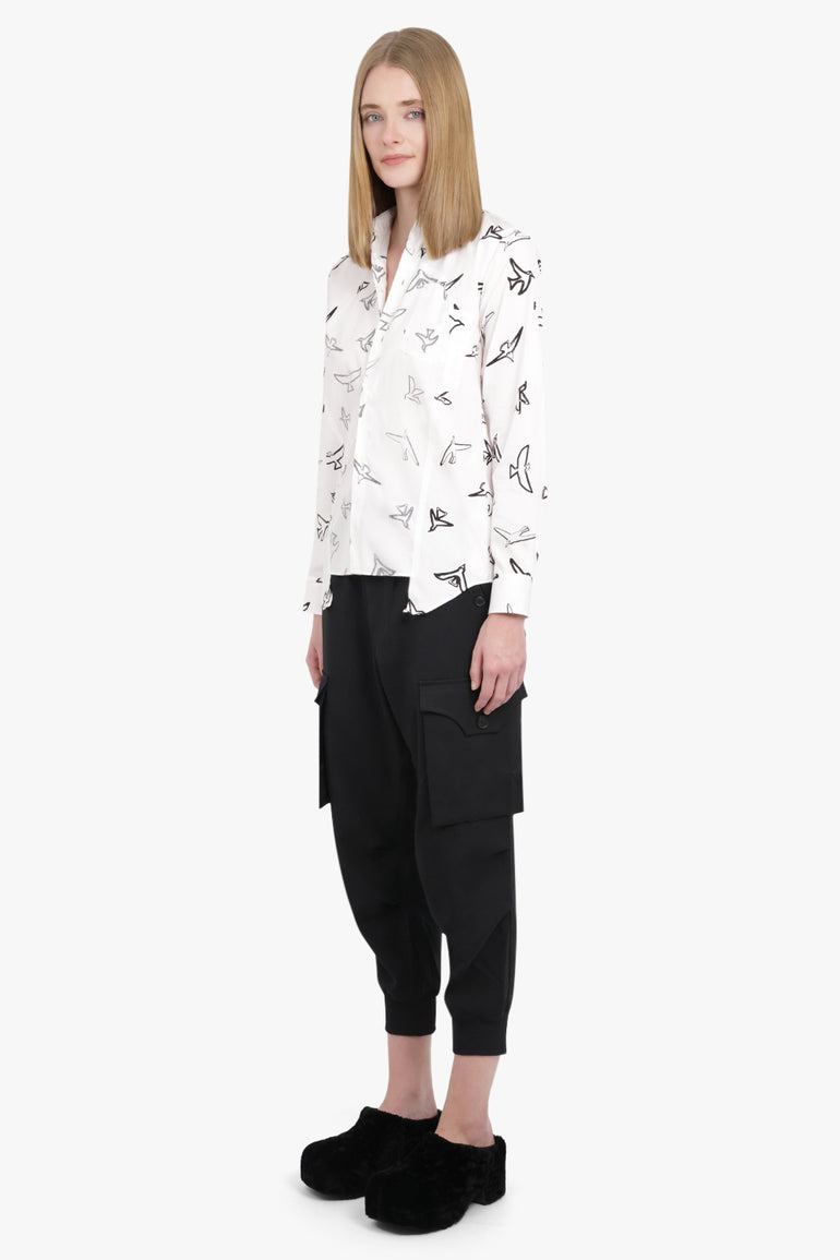 COMME DES GARCONS BLACK RTW X Filip Pagowski Panel L/S Bird Print Shirt | White/Black
