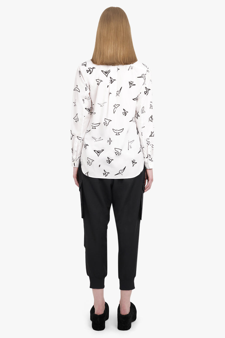 COMME DES GARCONS BLACK RTW X Filip Pagowski Panel L/S Bird Print Shirt | White/Black