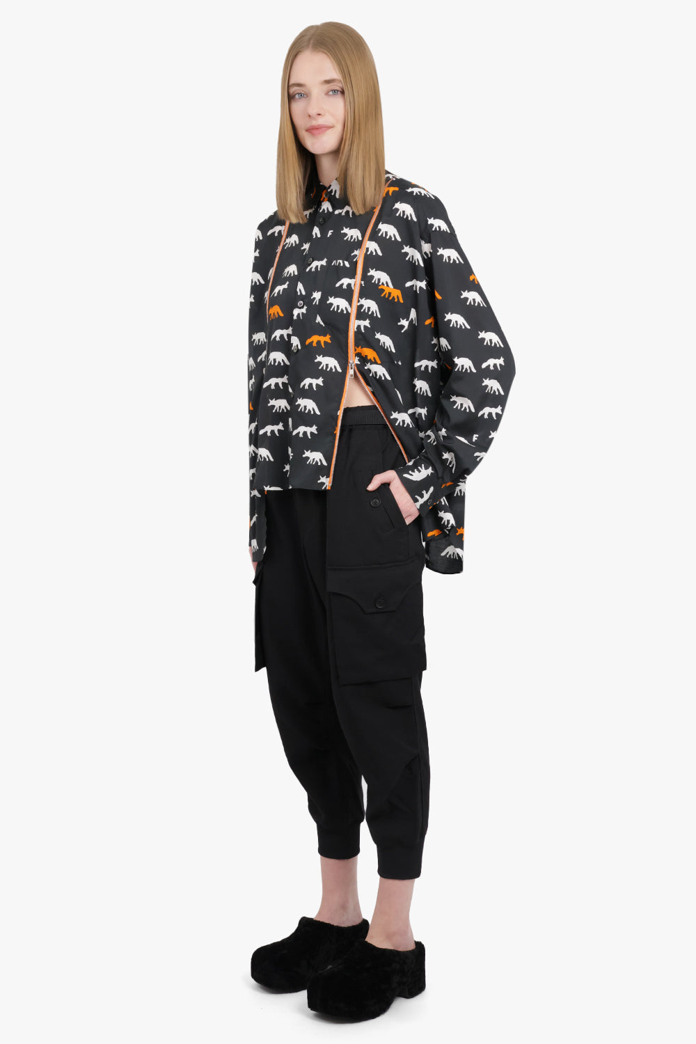 COMME DES GARCONS BLACK RTW X Filip Pagowski Zip L/S Animal Print Shirt | Black/White/Orange