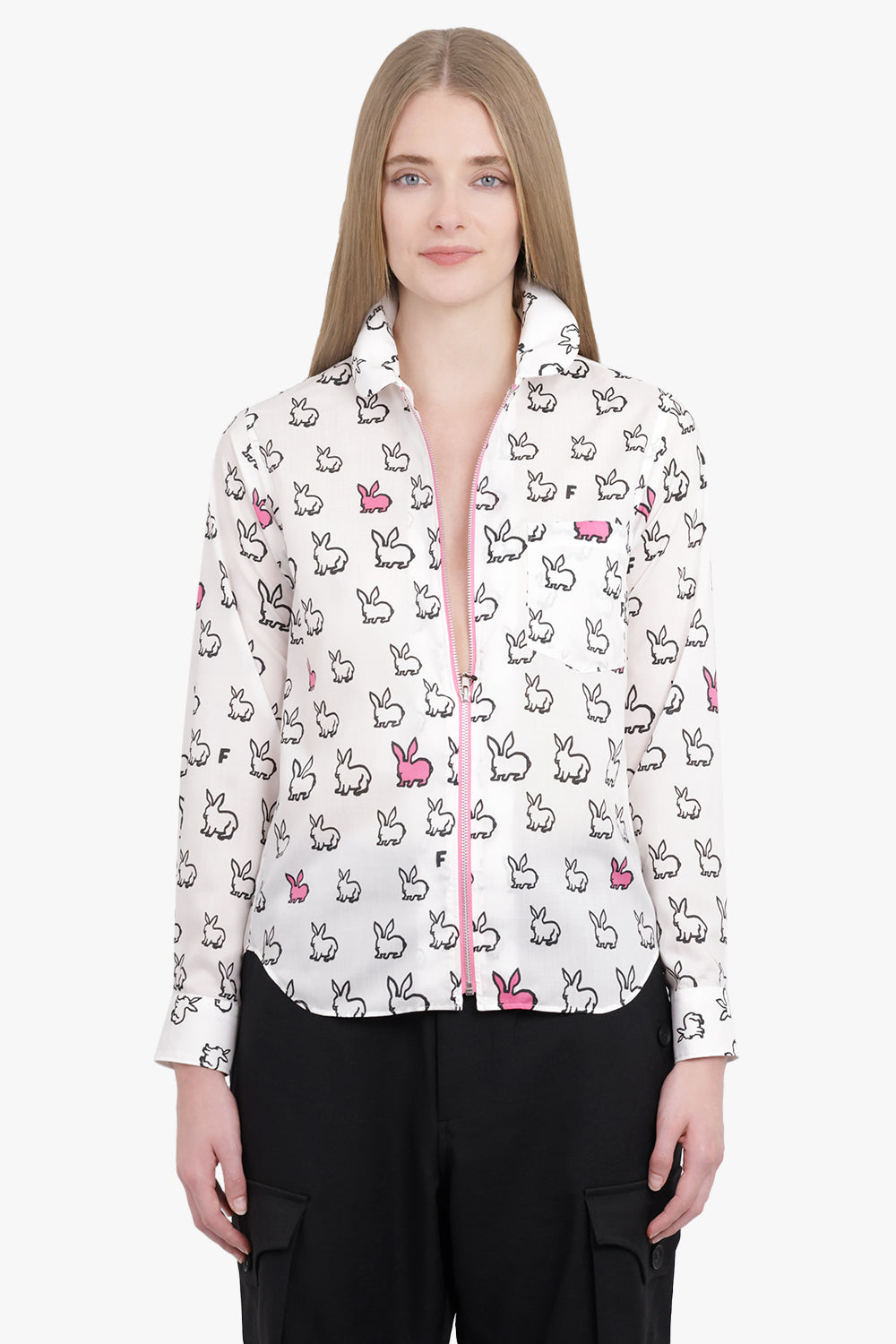 COMME DES GARCONS BLACK RTW X Filip Pagowski Zip L/S Bunny Print Shirt | White/Pink/Black
