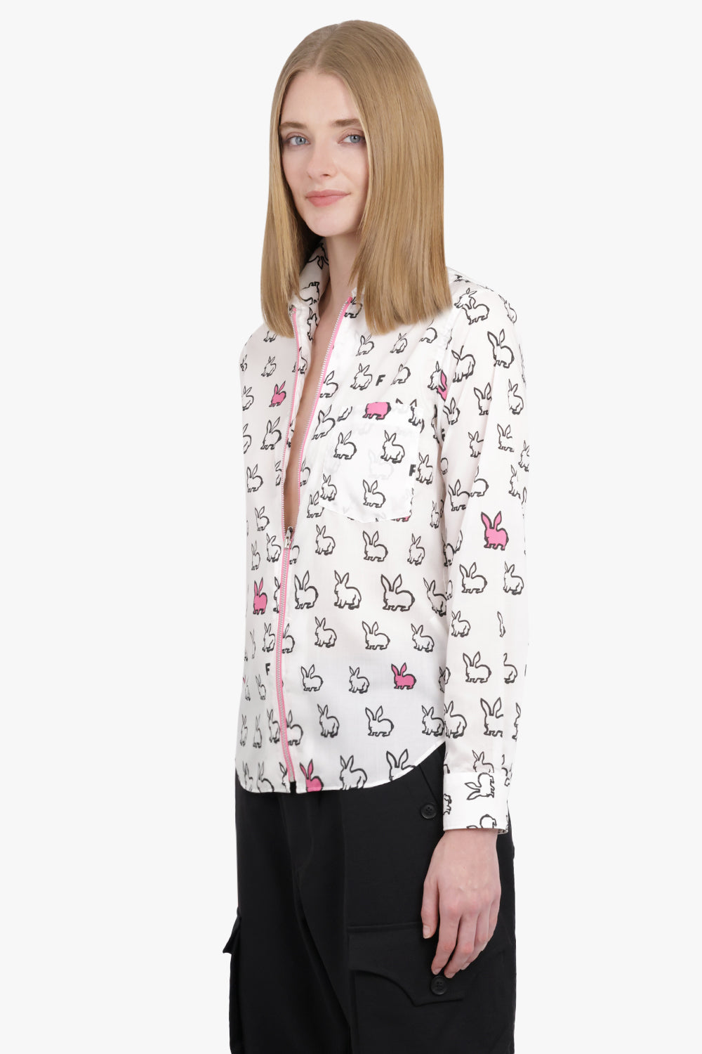 COMME DES GARCONS BLACK RTW X Filip Pagowski Zip L/S Bunny Print Shirt | White/Pink/Black
