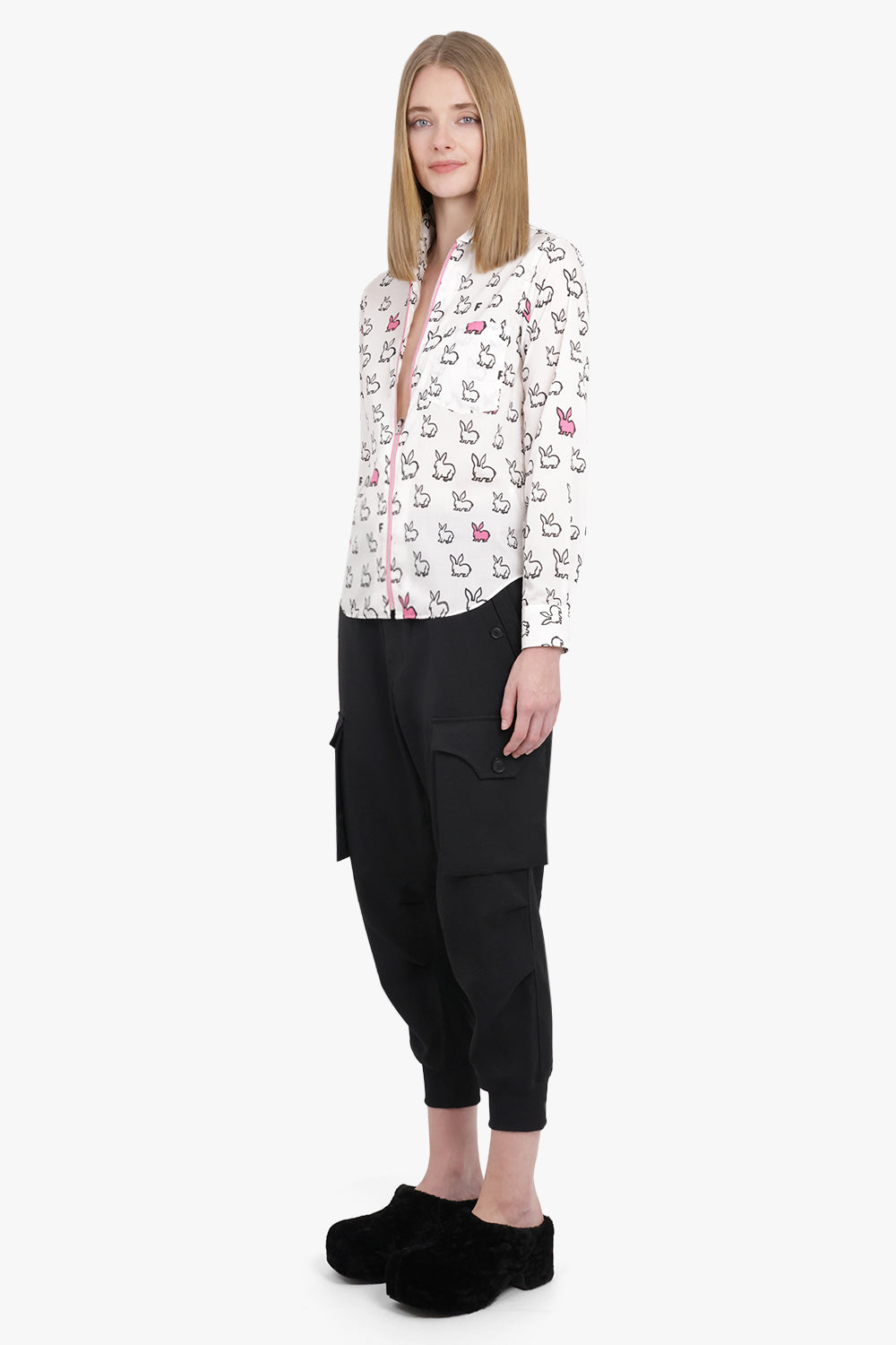 COMME DES GARCONS BLACK RTW X Filip Pagowski Zip L/S Bunny Print Shirt | White/Pink/Black