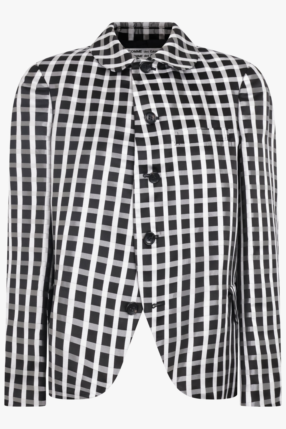 COMME DES GARCONS RTW Round Collar Check Print Jacket With Curved Front | Black/White