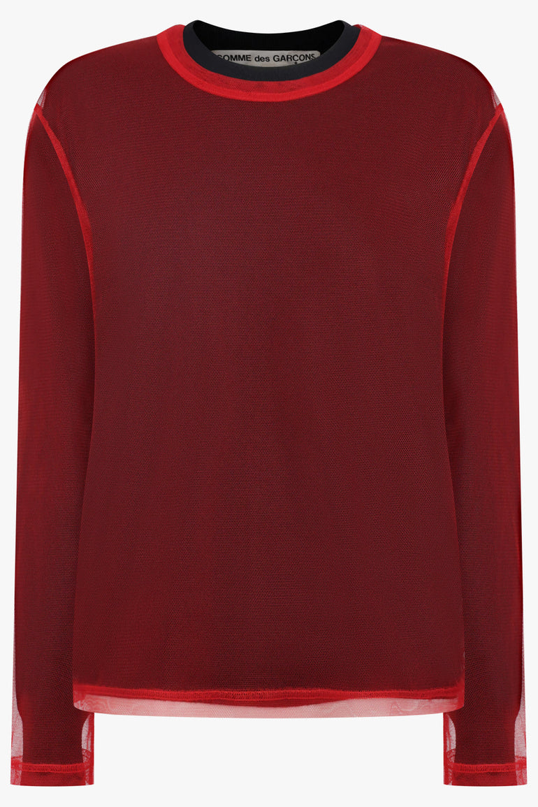 COMME DES GARCONS RTW Layered Tulle Overlay L/S Knitted Top | Black/Red