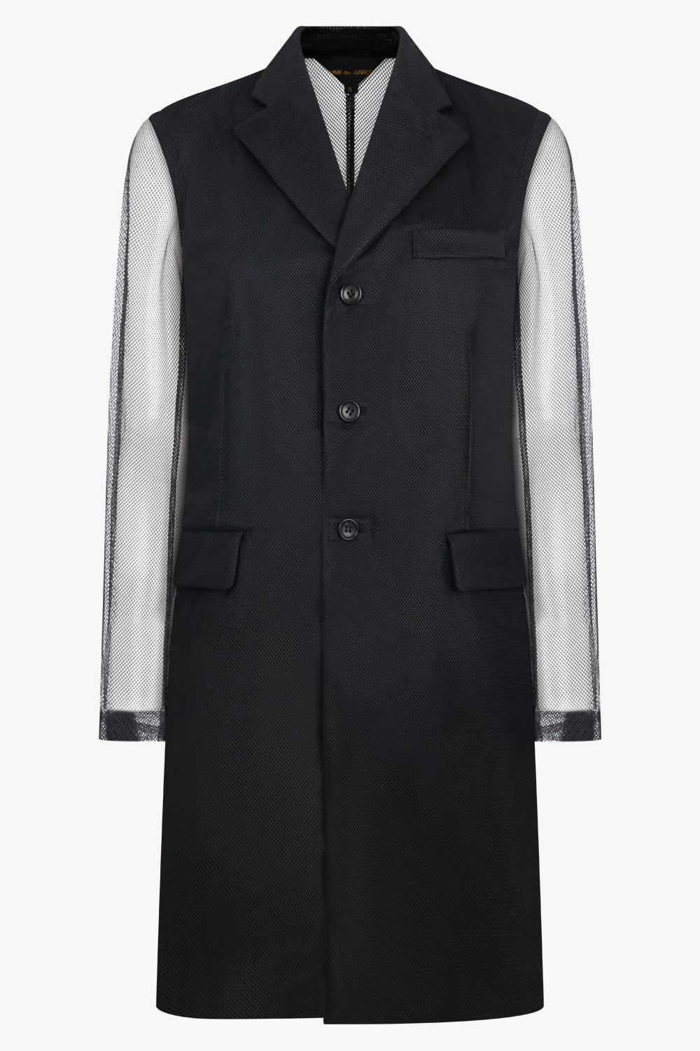 COMME DES GARCONS RTW Tulle Overlay Tailored Long Coat With Sheer Sleeves | Black