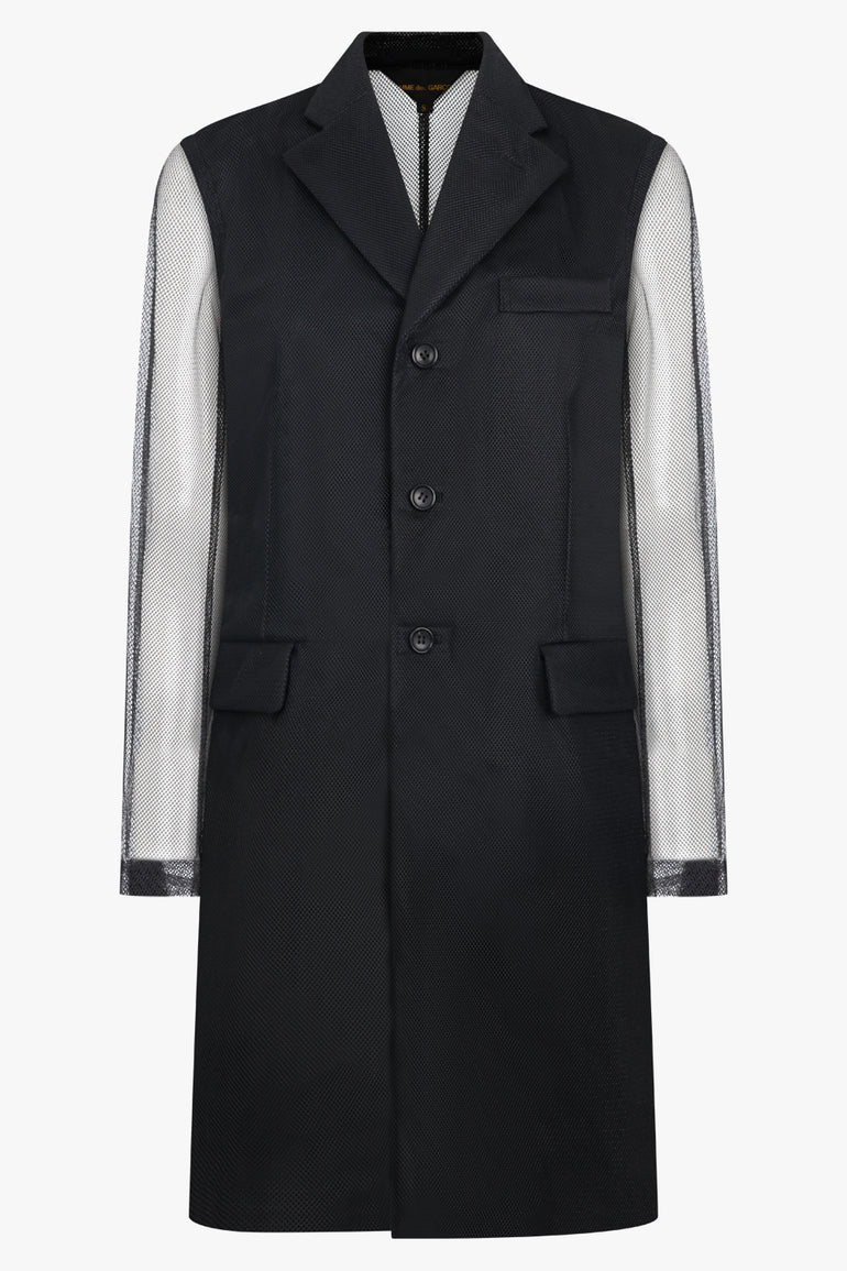 COMME DES GARCONS RTW Tulle Overlay Tailored Long Coat With Sheer Sleeves | Black